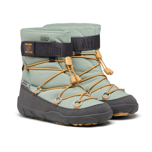 Vegan snowy mini A TURE boots in gray, mint, and curry colors from AFFENZAHN TEX Stiefel, perfect for winter weather