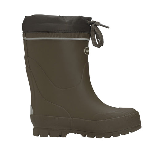 Pair of olive green VIKING Gummistiefel JOLLY THERMO WOOL standing in snow