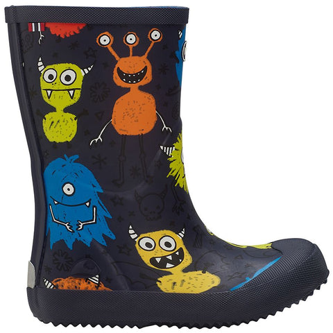 VIKING Gummistiefel INDIE PRINT MONSTERS - navy, front view, playful monster print, waterproof rubber boots for kids