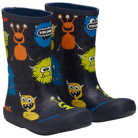 Pair of navy VIKING Gummistiefel INDIE PRINT MONSTERS with colorful monster print