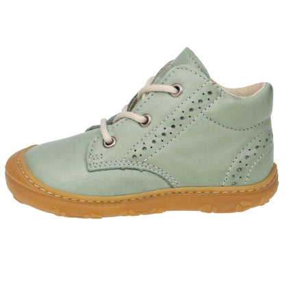 Close-up of RICOSTA mint green KELLY ankle shoe with intricate Lyralochung detailing