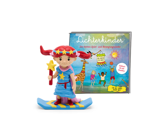 Die TONIES Figur Lichterkinder - Die besten Spiel- und Bewegungslieder zeigt eine fröhliche Gruppe von Kindern, die singen und tanzen