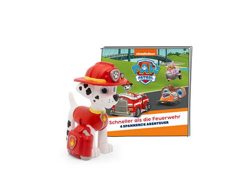 A detailed figurine of the Paw Patrol character Schneller als die Feuerwehr