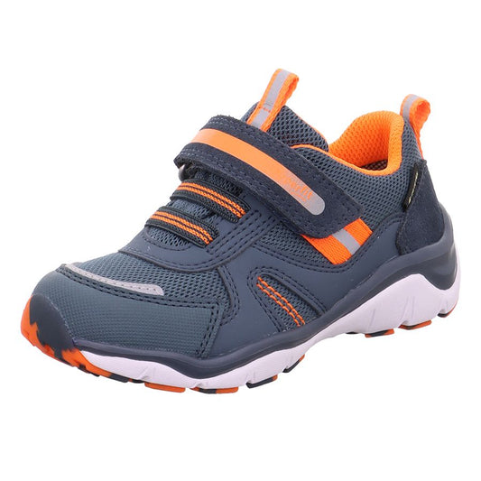 A close-up image of the SUPERFIT GORE-TEX Halbschuh SPORT5 237-80 in a striking petrol and neon orange colorway, showcasing the durable construction and sporty design