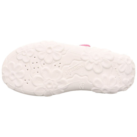 A pink slipper with a rainbow and horse design, the SUPERFIT Hausschuh BONNY 281-553 rosa - Regenbogen - Pferd