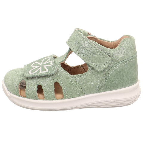 Green glittery SUPERFIT BUMBLEBEE 393-75 sage half sandal with flower detail