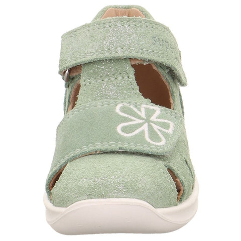 Green glittery BUMBLEBEE 393-75 salbei half sandal with flower design