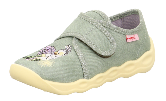 Comfortable SUPERFIT Hausschuh BUBBLE 6270-750 in eucalyptus and light yellow colors, featuring a cute Kakadu bird design for cozy indoor wear