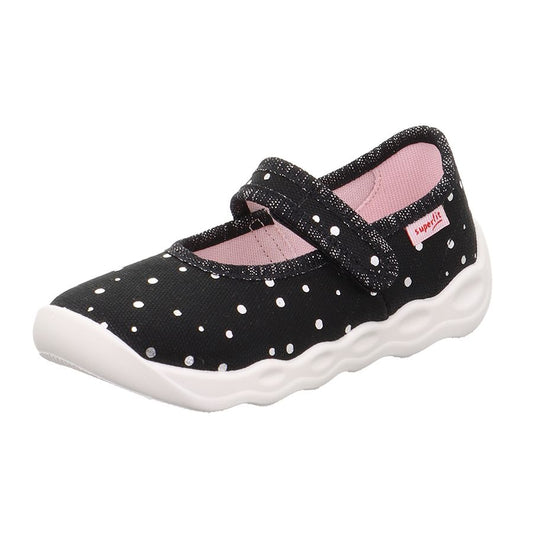 Black SUPERFIT Hausschuh BUBBLE 6271-001 with white polka dots and comfortable design 