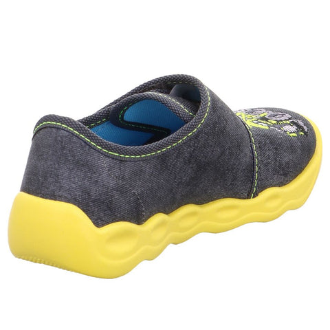 Comfortable and stylish SUPERFIT Hausschuh BUBBLE 6274-200 grau - gelb - LKW-Kipper slipper in grey and yellow color with a fun truck design
