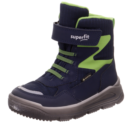 SUPERFIT GORE-TEX Stiefel MARS 9087-800 navy - grün side view shows durable waterproof navy blue and green boots with sturdy soles and laces