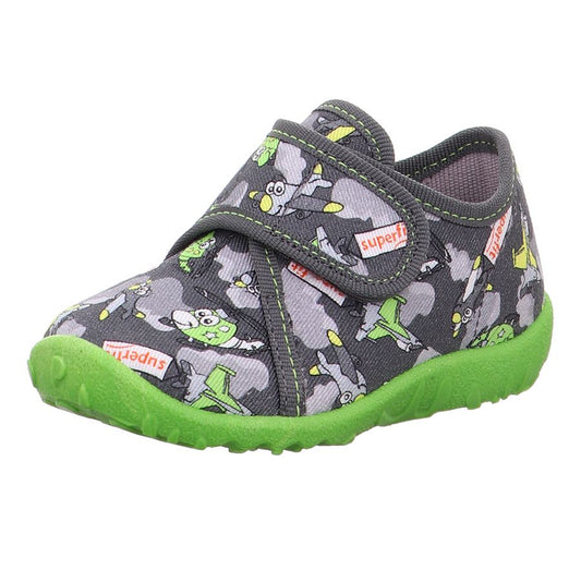 Comfortable and stylish SUPERFIT Hausschuh SPOTTY 9246-2040 in grey and green with fun airplane design for kids