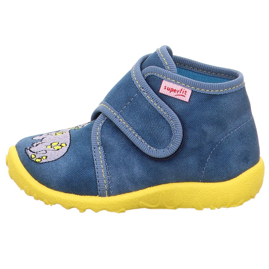 A cozy pair of blue and yellow Dino-themed SUPERFIT Hausschuh SPOTTY 9253-803