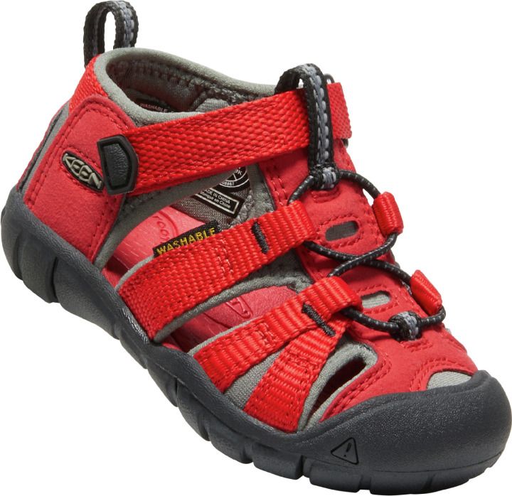 Red and grey KEEN Halbsandale SEACAMP II CNX TOTS for toddlers, a durable and comfortable outdoor sandal with protective toe cap