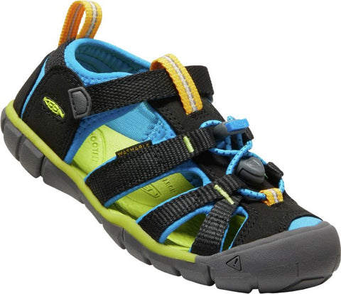 KEEN Seacamp II CNX half sandal in black, blue, and green with durable construction for outdoor adventures