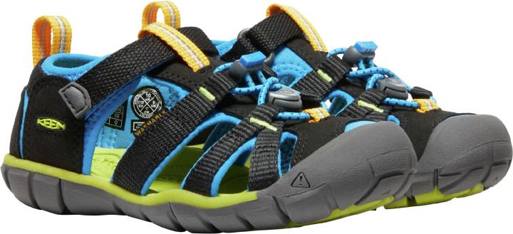 Black, blue and green KEEN SEACAMP II CNX half sandal for outdoor adventures