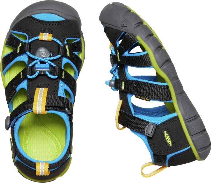 KEEN Seacamp II CNX half sandal in black, blue, and green, perfect for outdoor adventures