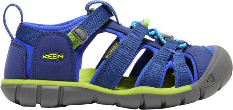 Side view of the KEEN Halbsandale SEACAMP II CNX - royalblau / grün sandal with protective toe bumper