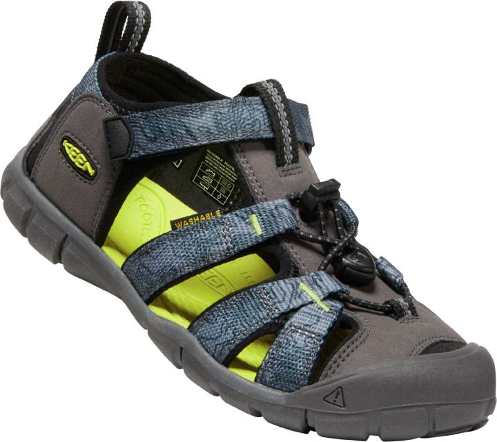 A close-up image of the KEEN Halbsandale SEACAMP II CNX in anthrazit and neongrün, showcasing the durable rubber sole and adjustable hook-and-loop straps for outdoor adventures