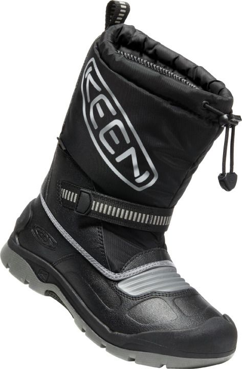 A pair of KEEN WP TEX Stiefel SNOW TROLL boots in black and silver, designed for outdoor winter activities