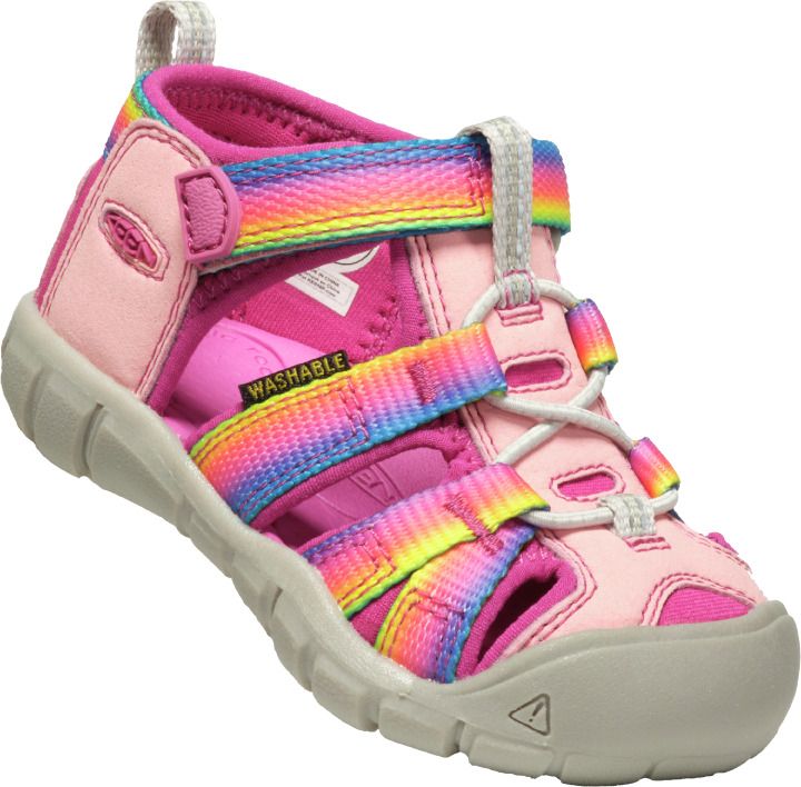 A close-up image of the KEEN Halbsandale SEACAMP II CNX TOTS in pink with rainbow accents, a durable and comfortable sandal for toddlers