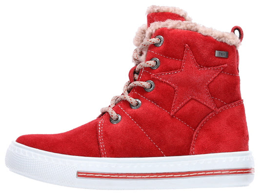 A pair of LURCHI TEX Stiefel WIEBKE 55002-23 in bright red featuring a star design