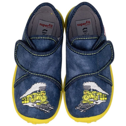 SUPERFIT Hausschuh SPOTTY 9254-807 in jeans color with Dampflok design for kids' comfort and style 