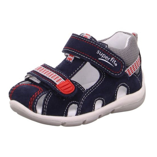 Close-up of SUPERFIT Halbsandale FREDDY 140-81 in navy and red, showing adjustable straps and cushioned sole for comfortable wear