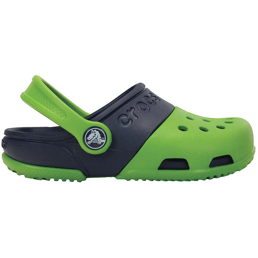 CROCS ELECTRO II CLOG in parrot green on a white background with navy strap and logo 