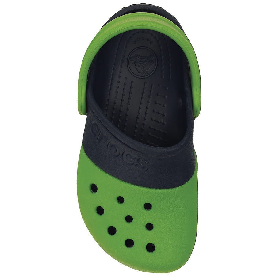 Kid's slip-on clogs in vibrant parrot green with navy accents