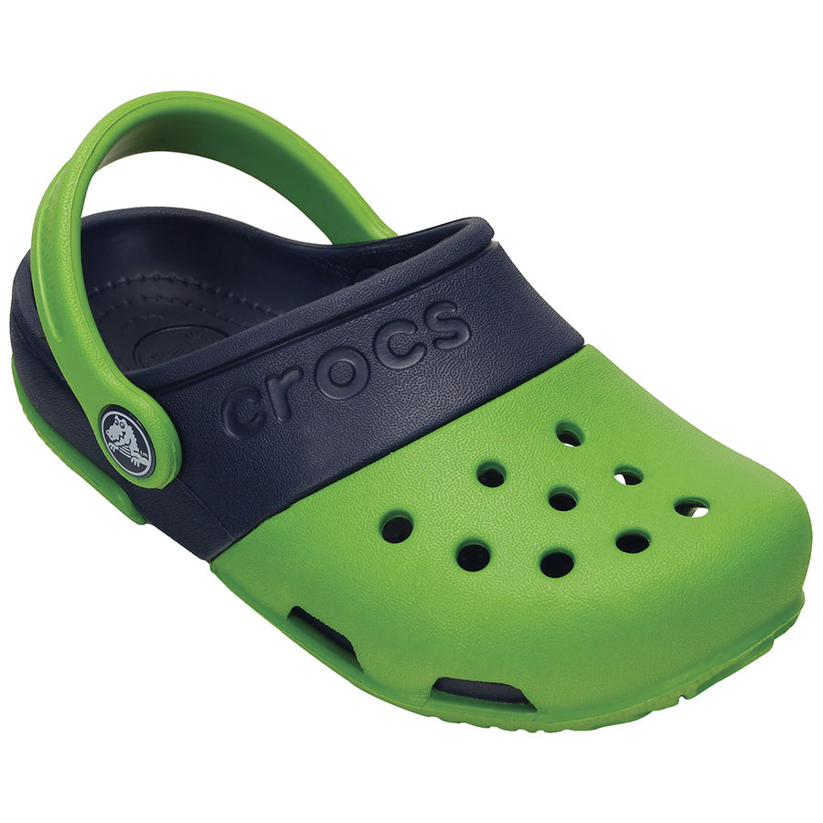 A brightly colored parrot green and navy CROCS ELECTRO II CLOG