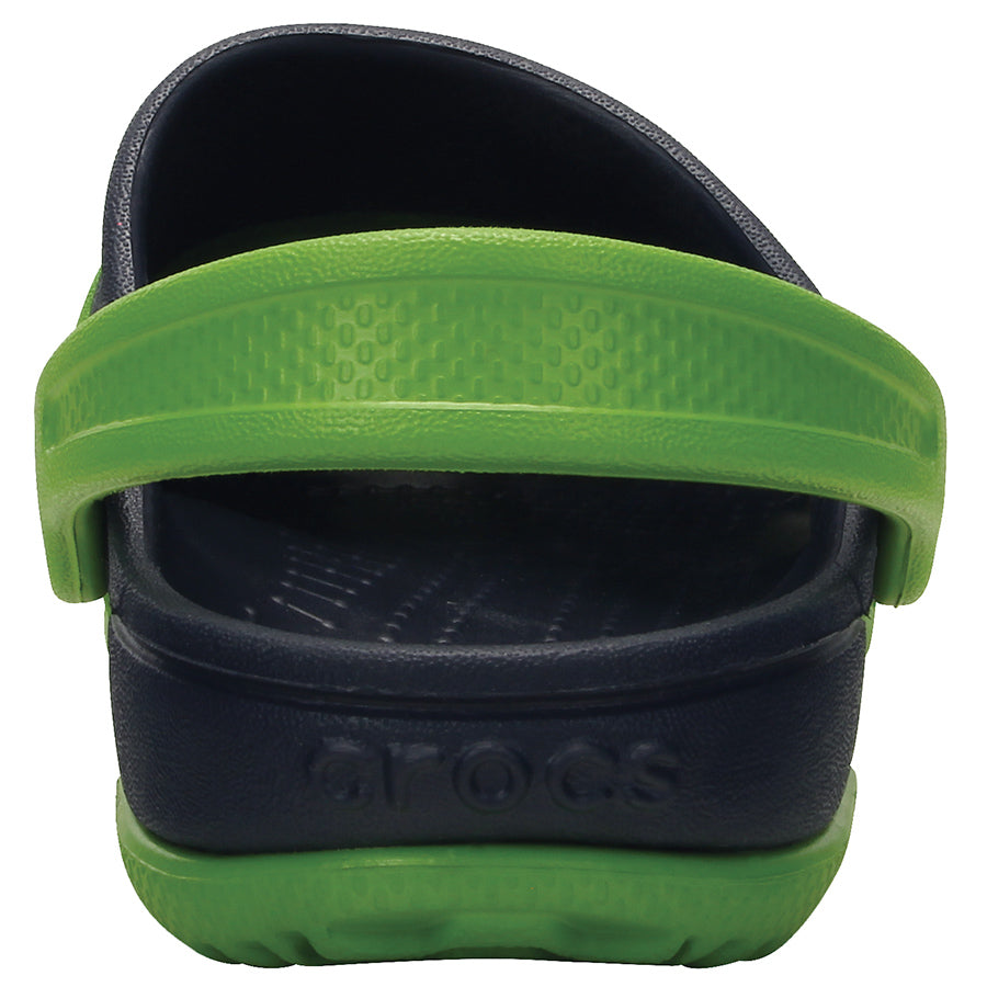 Close-up of parrot green and navy Crocs Electro II clog