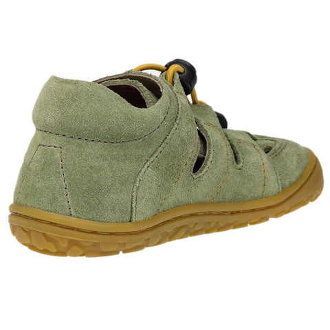 A vibrant green and yellow LURCHI Barfuß Halbsandale NATHAN 50000-26, perfect for summer adventures