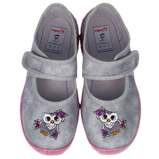 Comfortable and stylish gray SUPERFIT Hausschuh BONNY 282-200 featuring an adorable owl and roses design