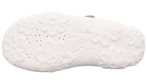  Comfortable SUPERFIT Hausschuh BONNY 282-750 with eukalyptus color, adorned with beautiful flowers and butterfly illustration