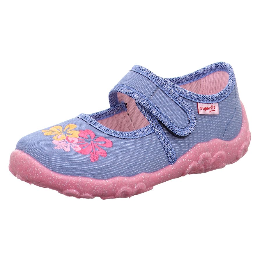 Comfortable and stylish SUPERFIT Hausschuh BONNY 282-802 in denim blue with colorful floral pattern