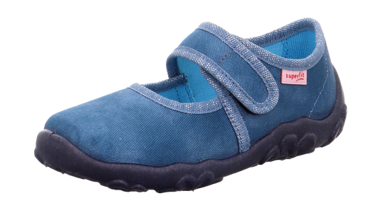 Comfortable and stylish SUPERFIT Hausschuh BONNY 283-804 jeans with sparkling glitter details, perfect for cozy evenings at home