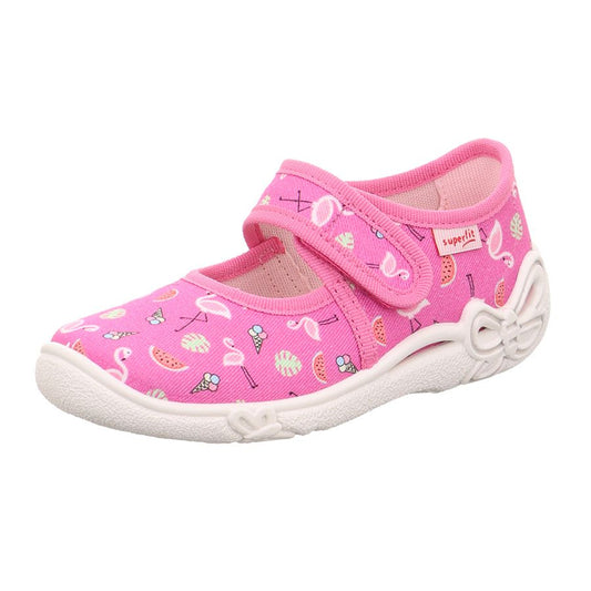 A comfortable and stylish pink SUPERFIT Hausschuh BELINDA 288-551 with a flamingo design, perfect for lounging at home or running errands