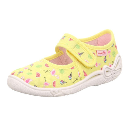 Alt text: Yellow SUPERFIT Hausschuh BELINDA 288-602 with pink flamingo and ice design