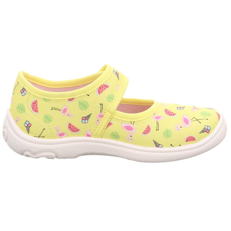 Alt text: Bright yellow SUPERFIT Hausschuh BELINDA 288-602 featuring a flamingo and ice cream design for kids