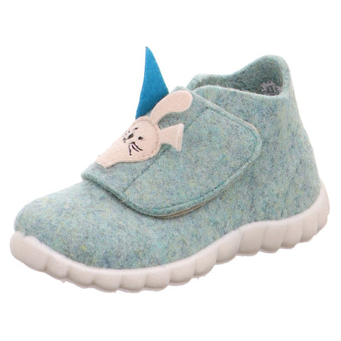 Superfit Hausschuh HAPPY 295-701 mint - grau - Hase - Frontansicht mit süßem Hasenmotiv und Klettverschluss 