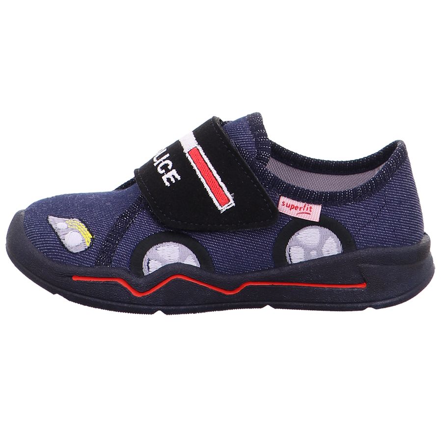 Comfortable and stylish SUPERFIT Hausschuh BENNY 301-801 in dark denim, featuring a fun Polizei design