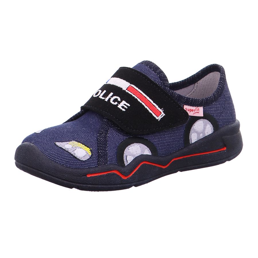 Comfortable and stylish SUPERFIT Hausschuh BENNY 301-801 in dark denim with Polizei design