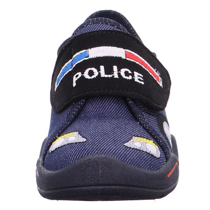 Comfortable SUPERFIT Hausschuh BENNY 301-801 in dark denim color with Polizei logo