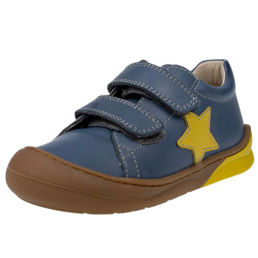 A pair of NATURINO Halbschuh BABE in celeste and yellow with a star design