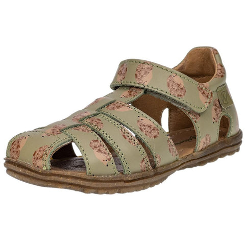 Olive-green half sandal with hedgehog design by NATURINO for kids
