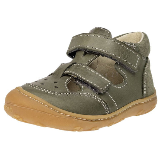 A close-up image of the RICOSTA Halbsandale ENI in eukalyptus color, featuring a comfortable and supportive design for kids' summer footwear