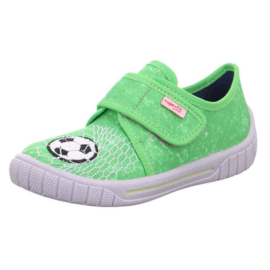 A pair of green SUPERFIT Hausschuh BILL 273-701 with a football design
