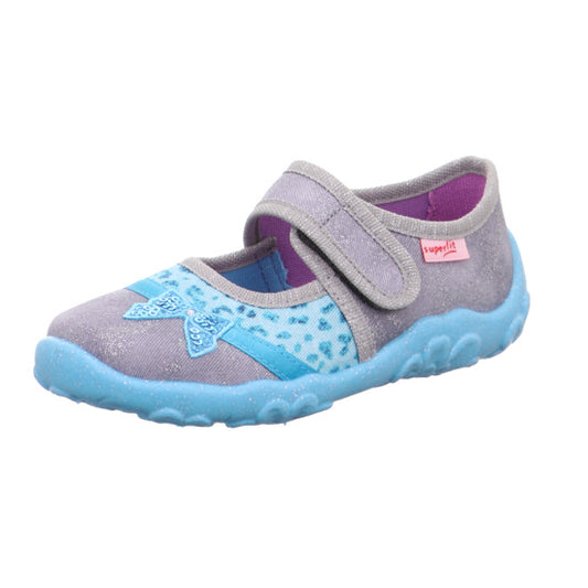 Comfortable and stylish SUPERFIT Hausschuh BONNY 284-202 in light grey with turquoise accents and a decorative bow