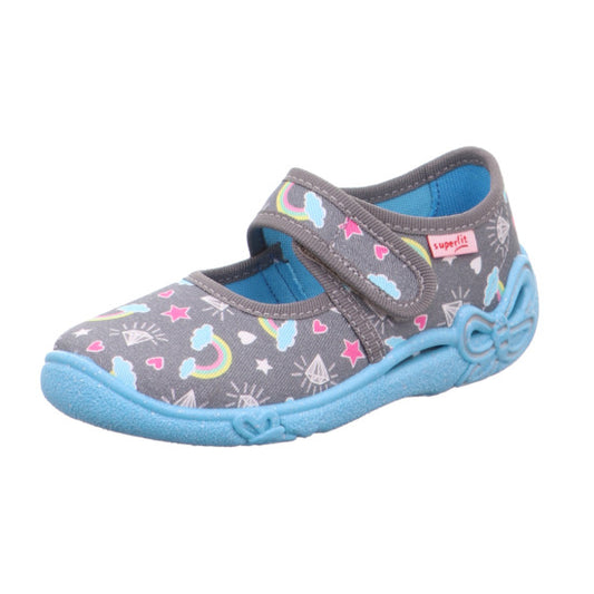 Alt text: SUPERFIT Hausschuh BELINDA 288-202 in grey with rainbow and diamond accents, comfortable and stylish indoor footwear for women